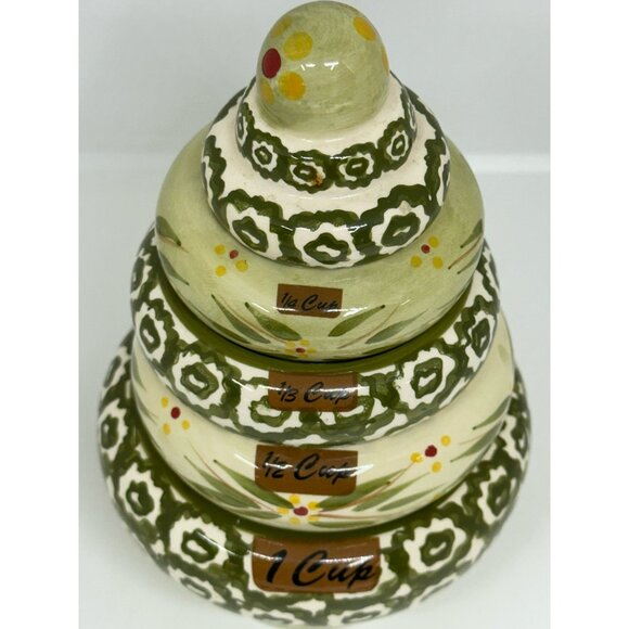 Temp-Tations By Tara Stacking Measuring Cups 5 Set Ceramic Green Floral Design - Picture 3 of 8